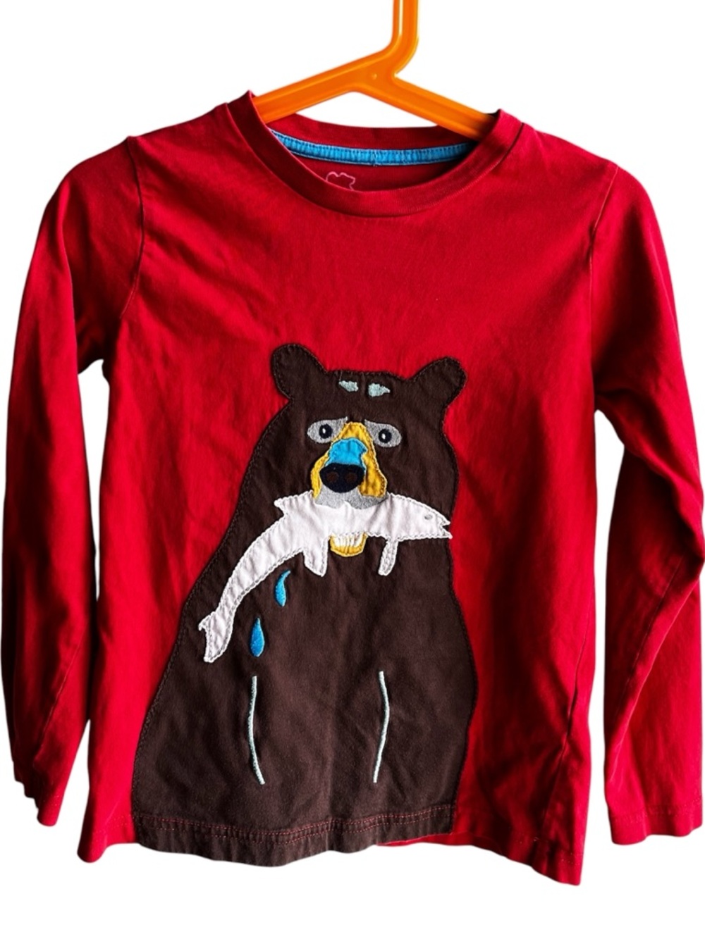 Mini Boden Kids Red Long-Sleeve Bear Eating Fish Salmon Applique Shirt Size 4-5Y